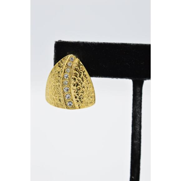 Vintage Pierced Earrings Brushed Gold Textured Rhinestone Shiny NOS 1980s BinAA - Picture 6 of 11